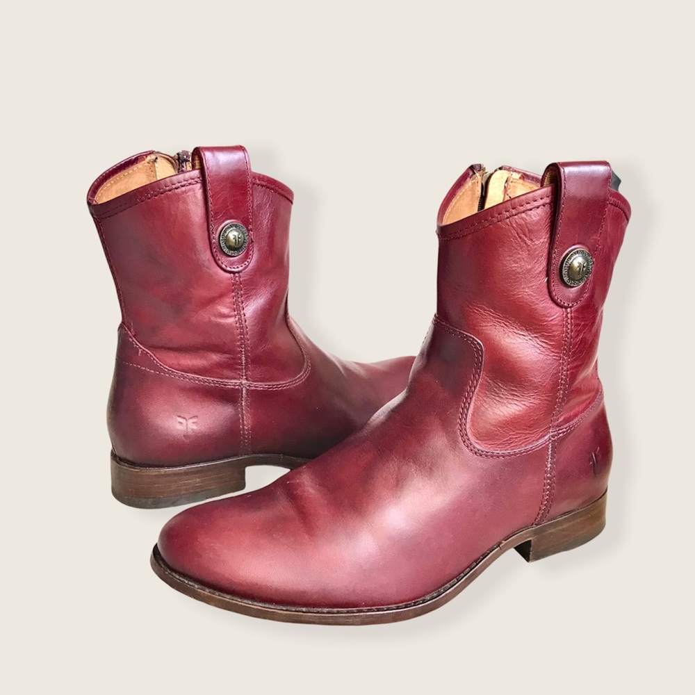 Frye Melissa Button Short Burgundy Italian Leather Pull On Casual Ankle Boots - Picture 6 of 16
